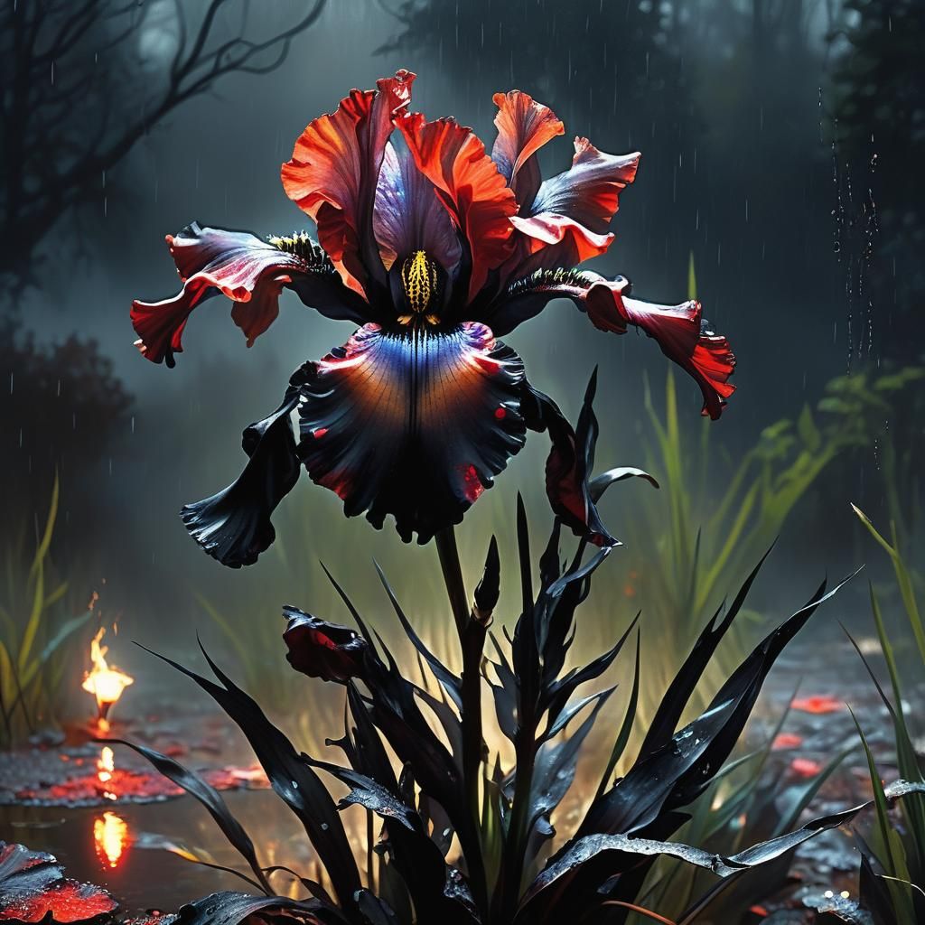 Glistening Black Iris Ablaze with Crimson Fire