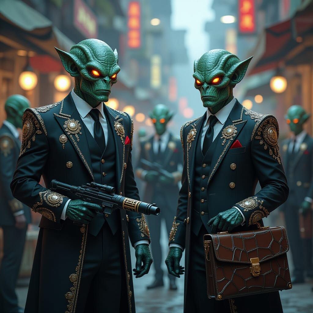 Barbaric Alien Businessmen in Futuristic Marketplace