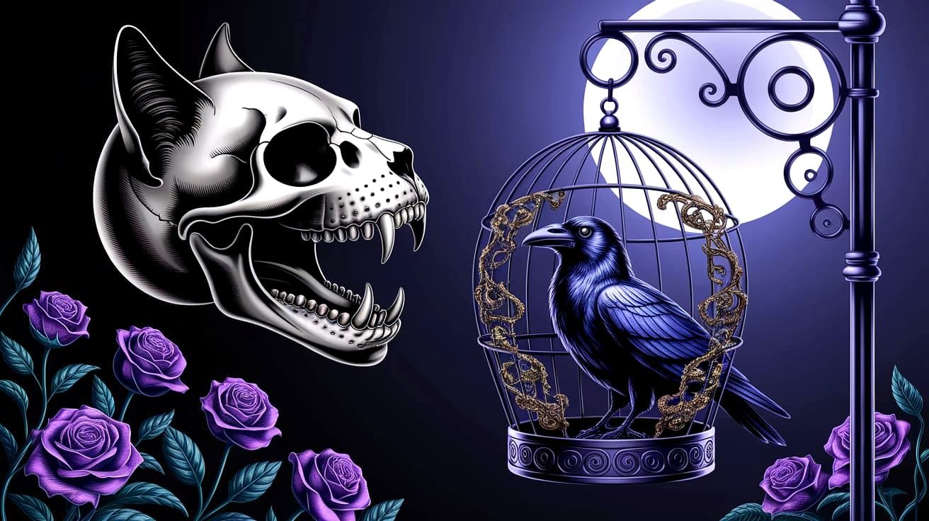 Surreal Cat Skull Birdcage with Raven in Moonlight