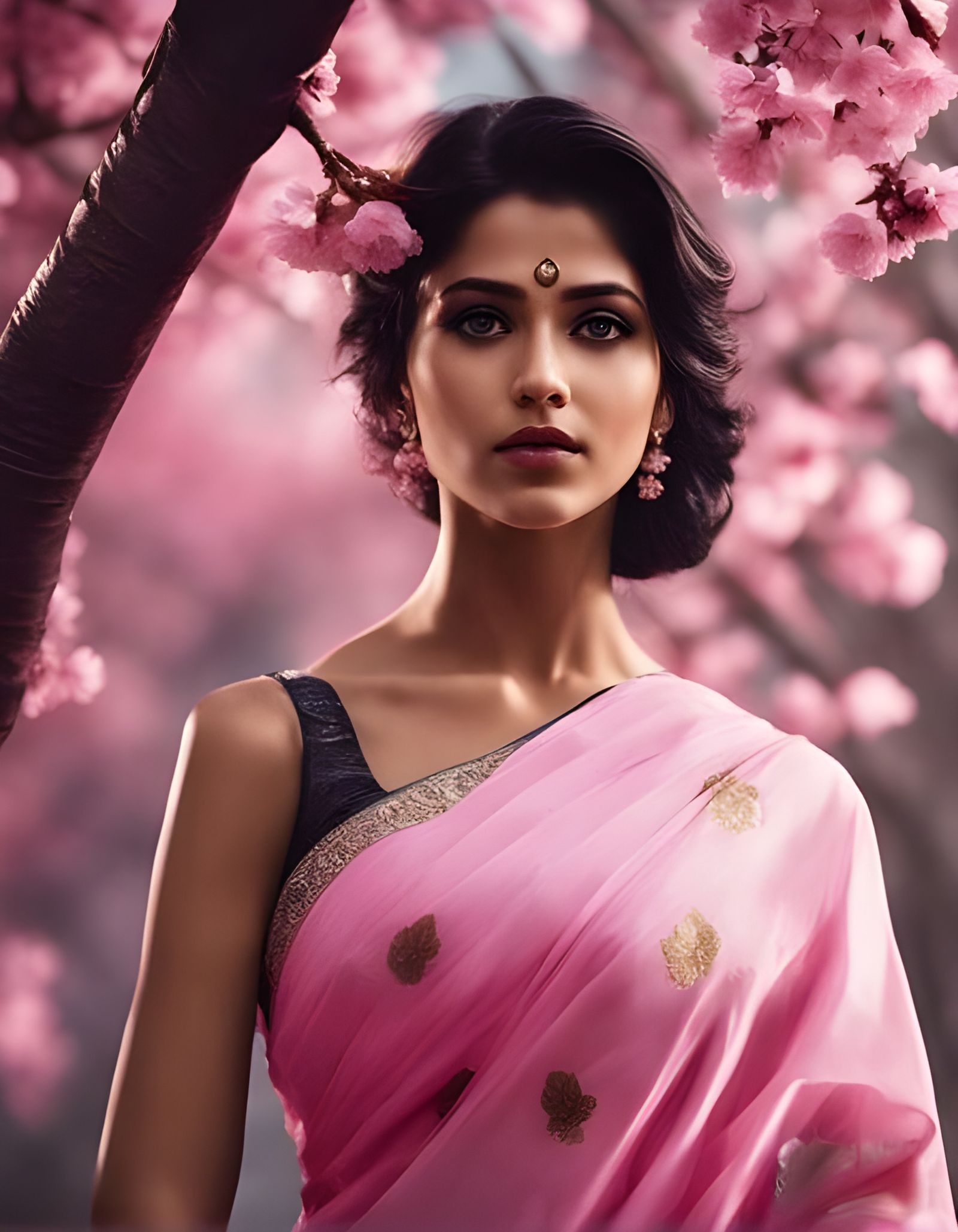 Beautiful Indian woman in saree standing beside sakura tree ...