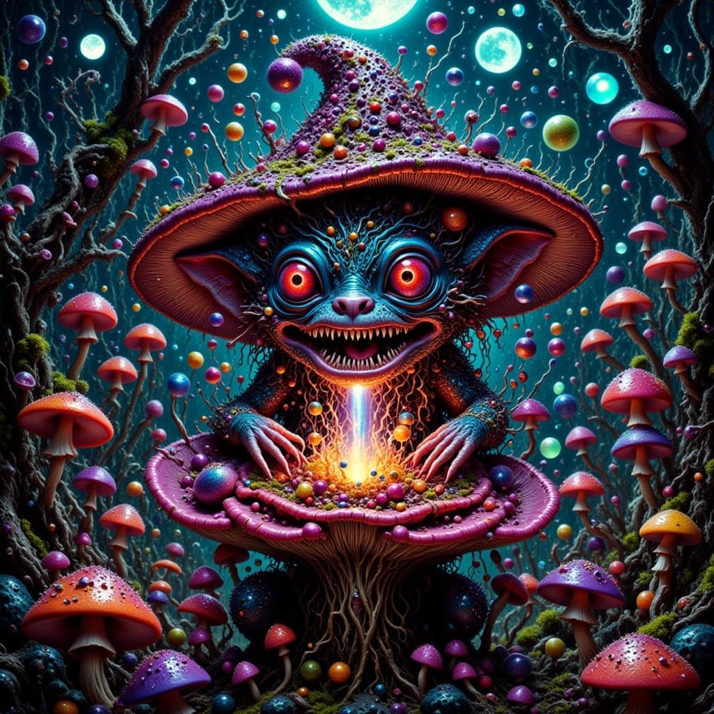 Gremlin Devouring Psychedelic Mushroom in Mystical Forest