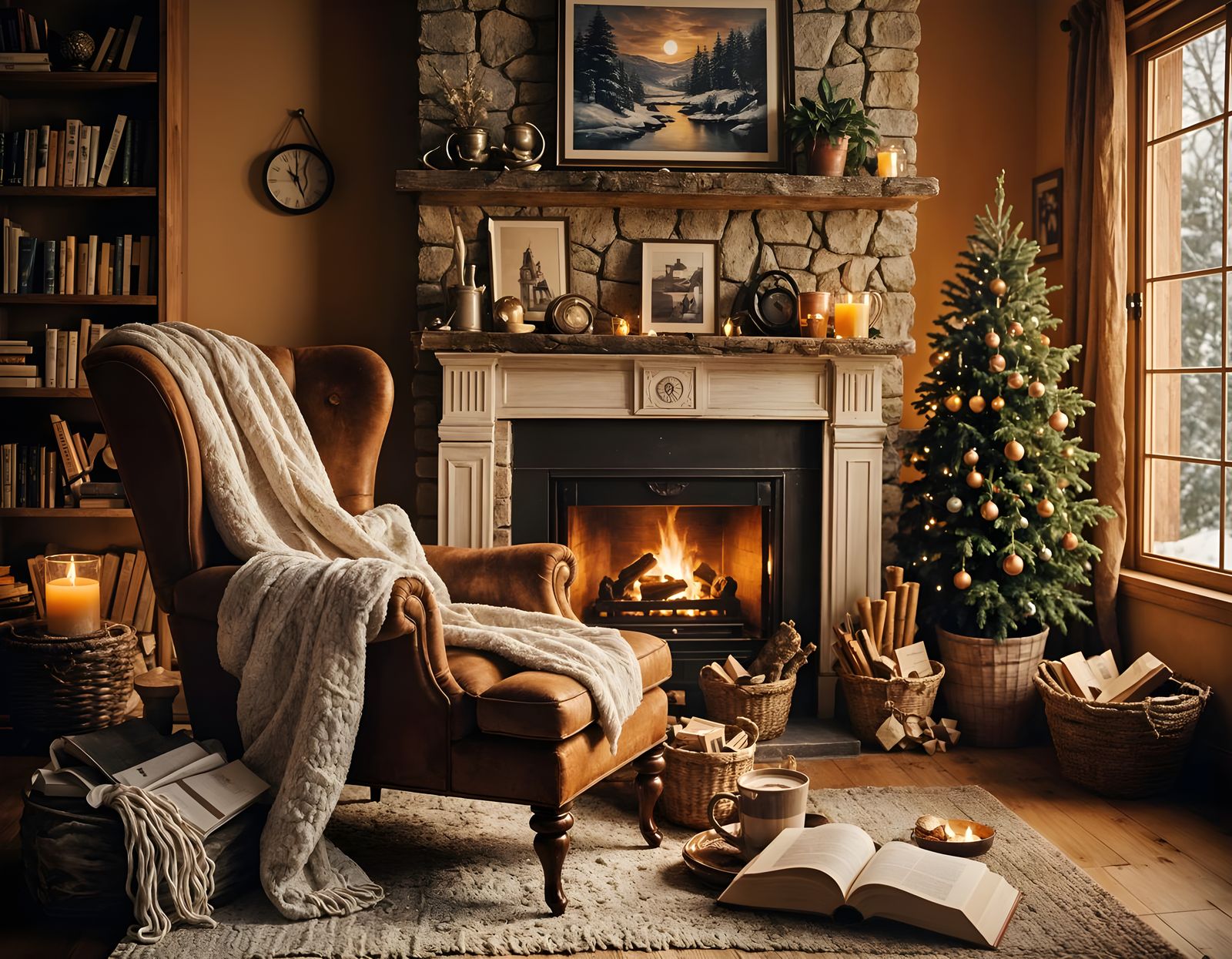 Cozy Living Room with Fireplace on Snowy Night