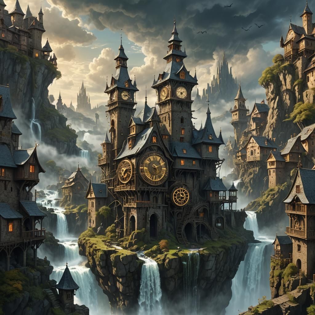 Clockwork Village with Castle Tower in Fantasy Style