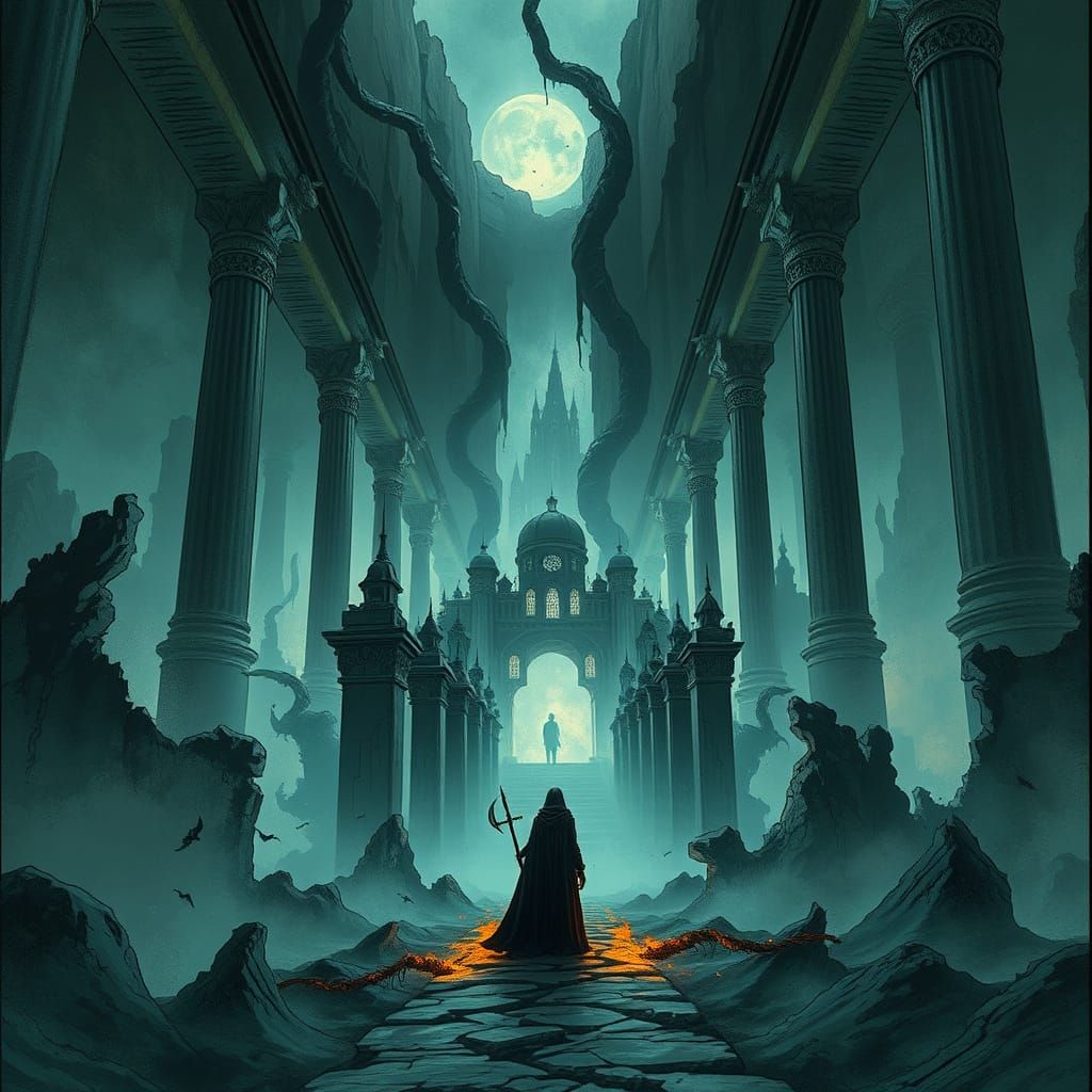 Gothic Figure in Forsaken Surreal Landscape