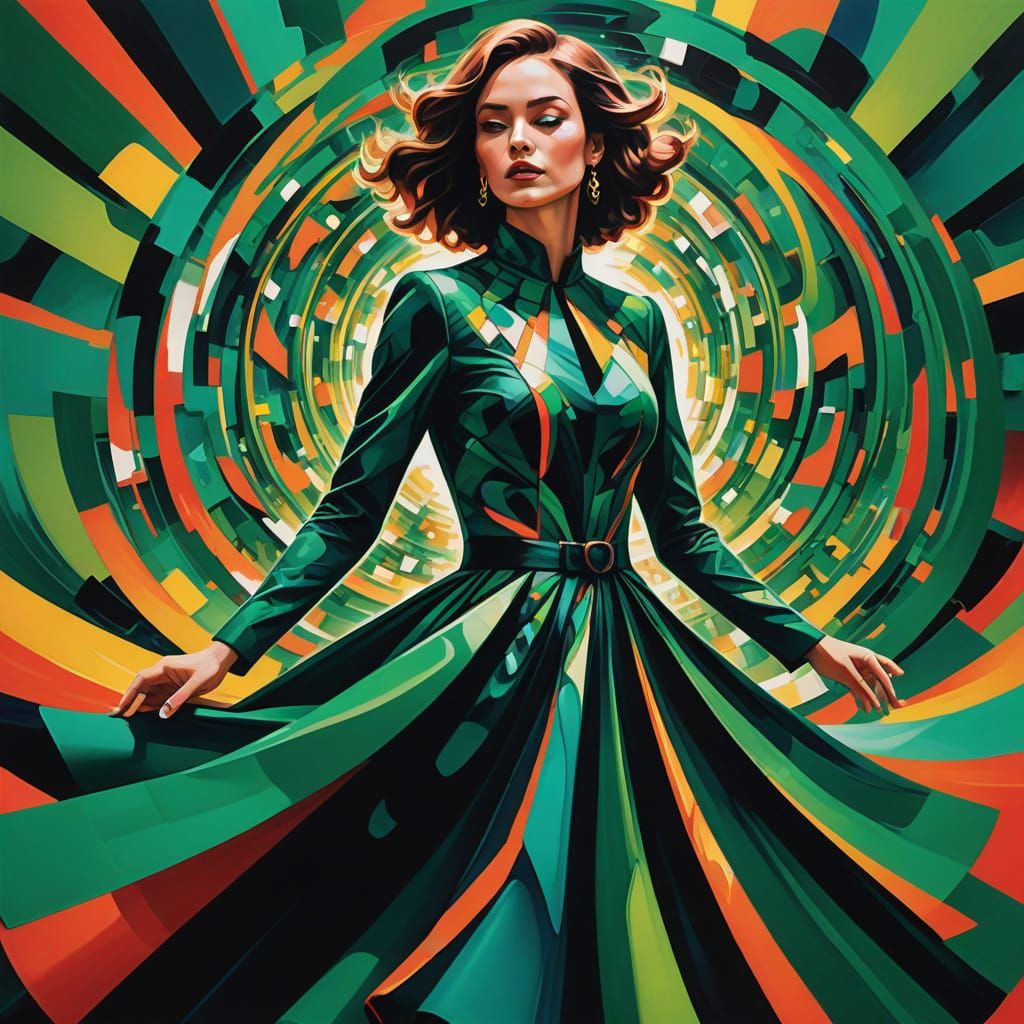 Woman in Emerald Dress in Kaleidoscopic Vortex
