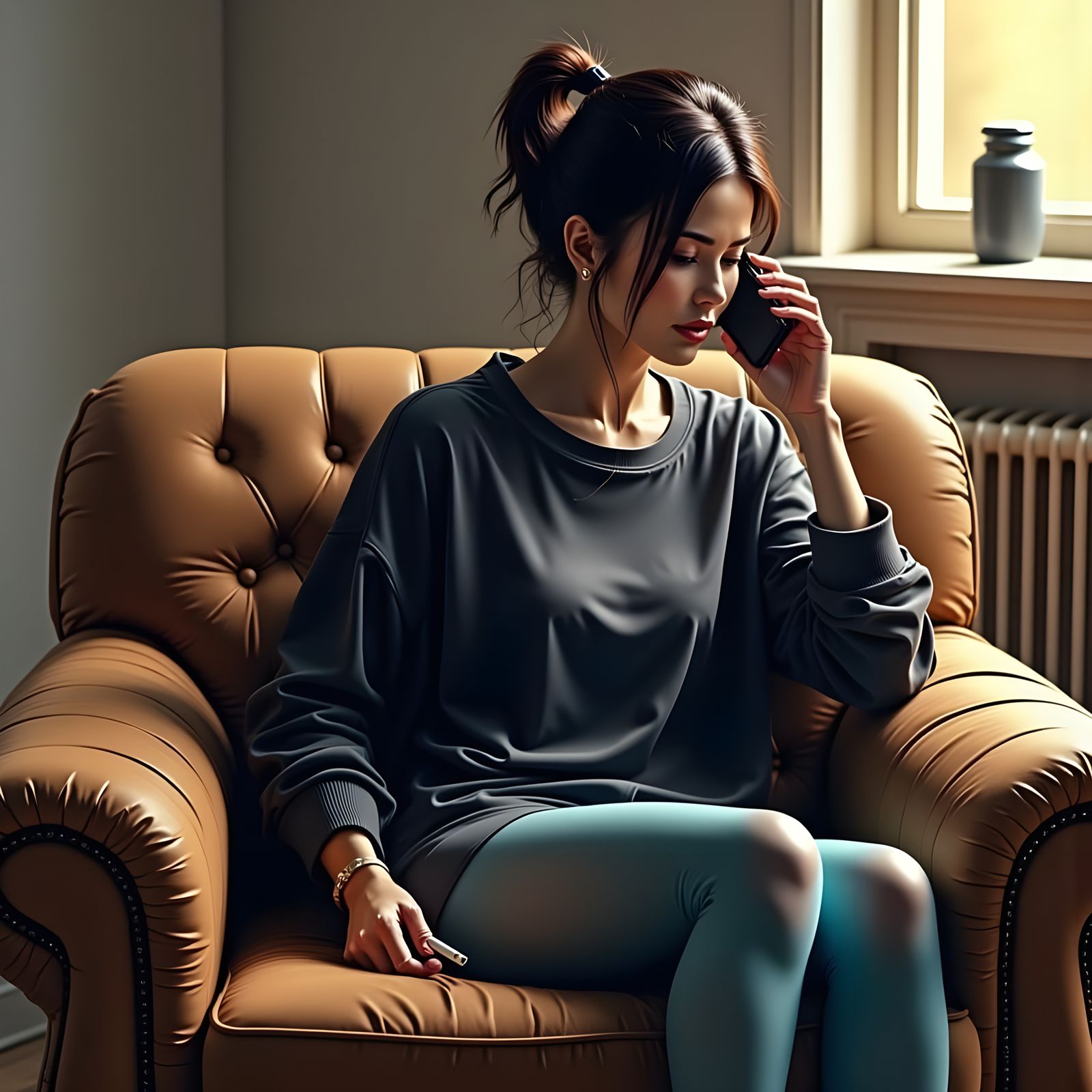 Cozy Glitch Art Scene of a Woman in a Brown Velvet Couch