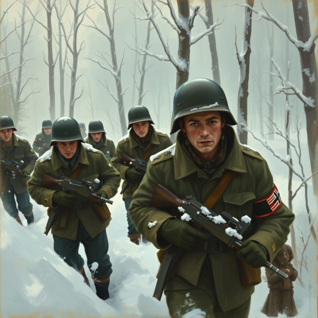 German Soldiers in Winter Landscape, in Impressionist Realis...