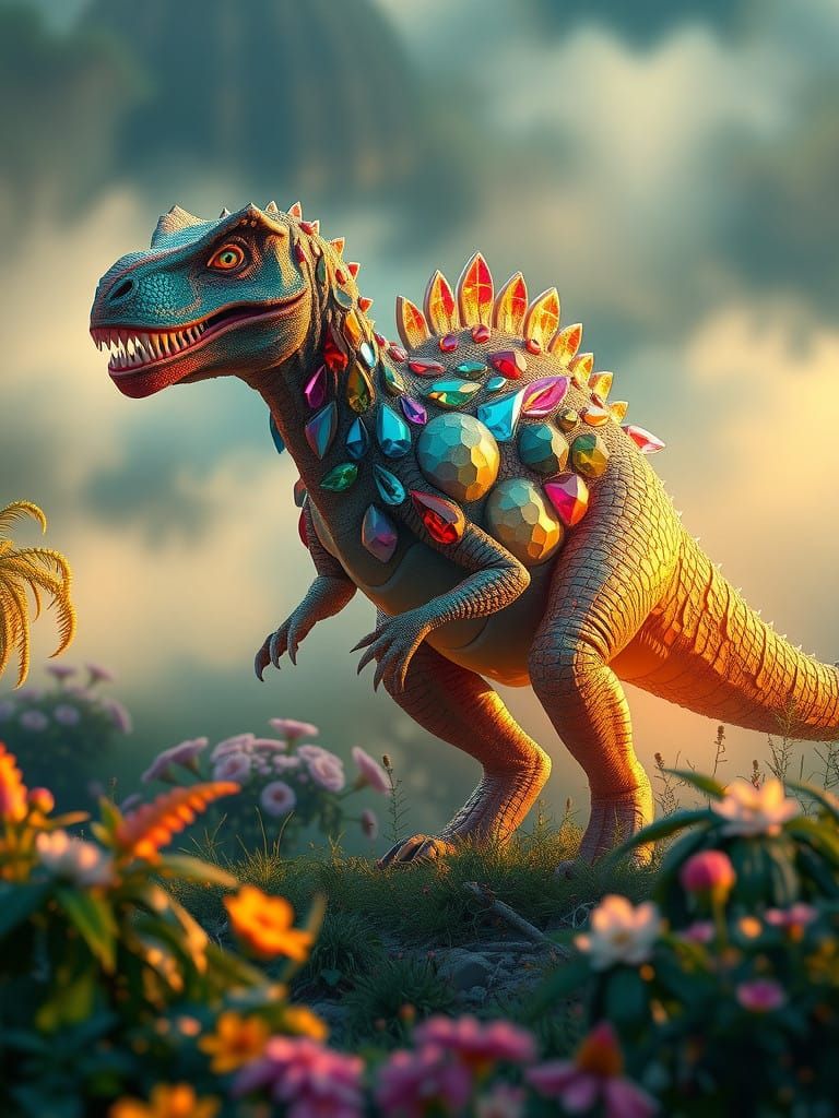 Majestic Gemstone Dinosaur in Vibrant Fantasy Landscape