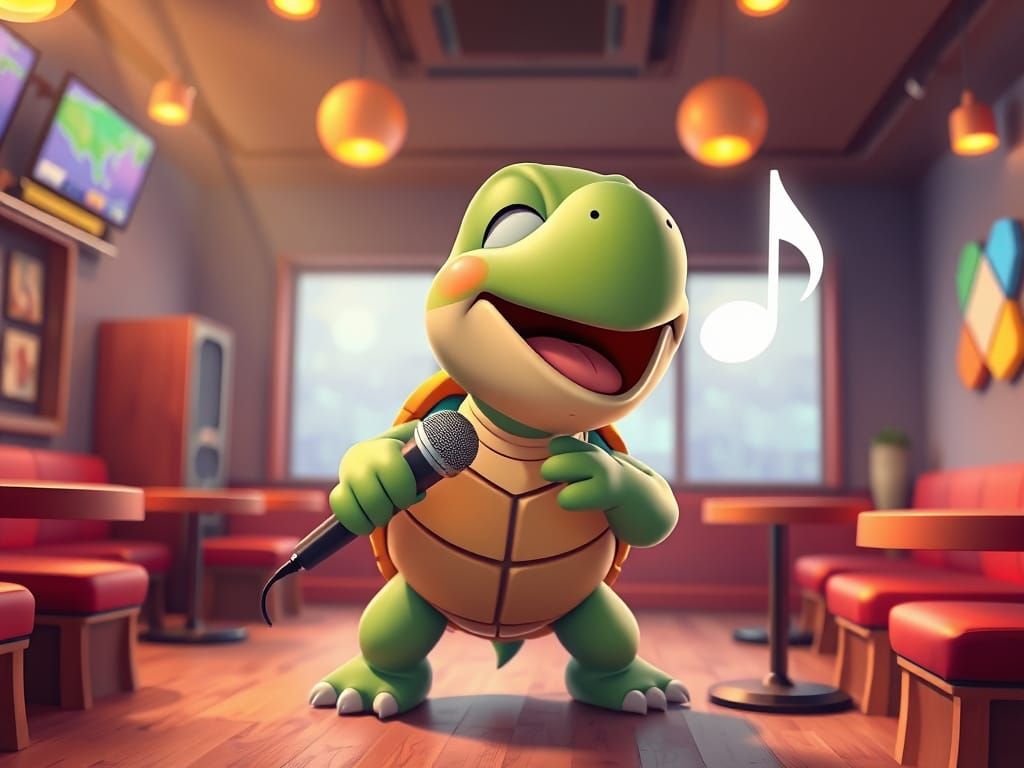 Cartoon Turtle Joyfully Sings Karaoke in Dreamlike Style