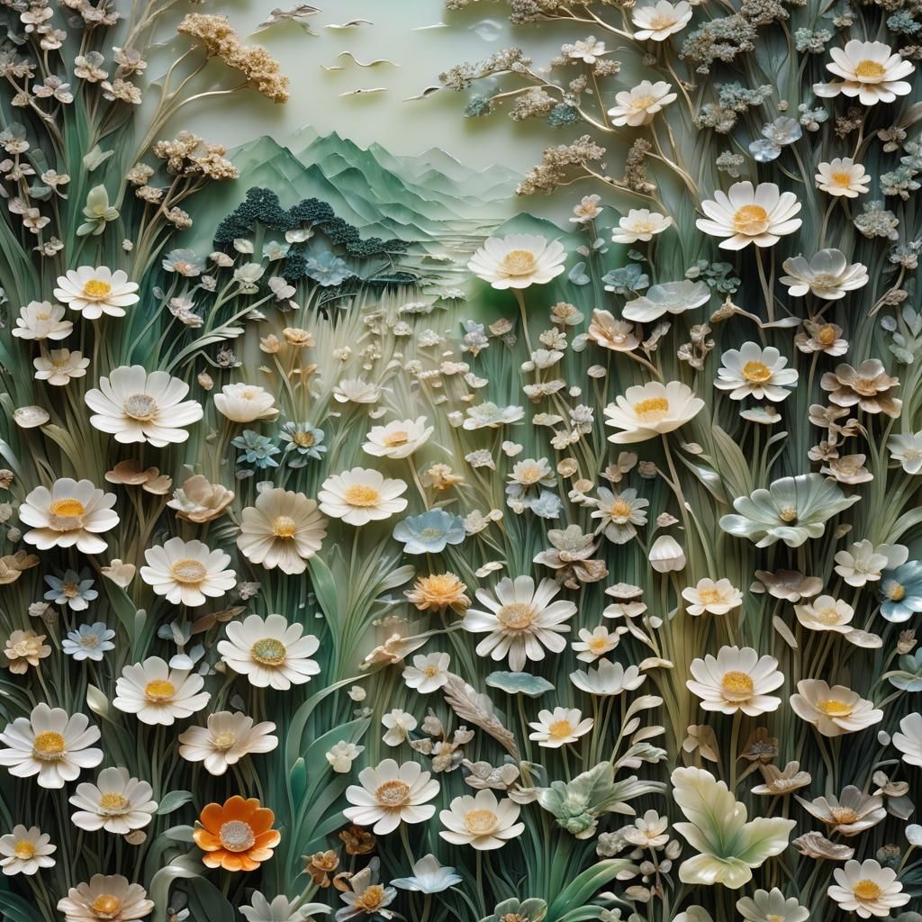 Asian-Style Panel of Wildflower Fields