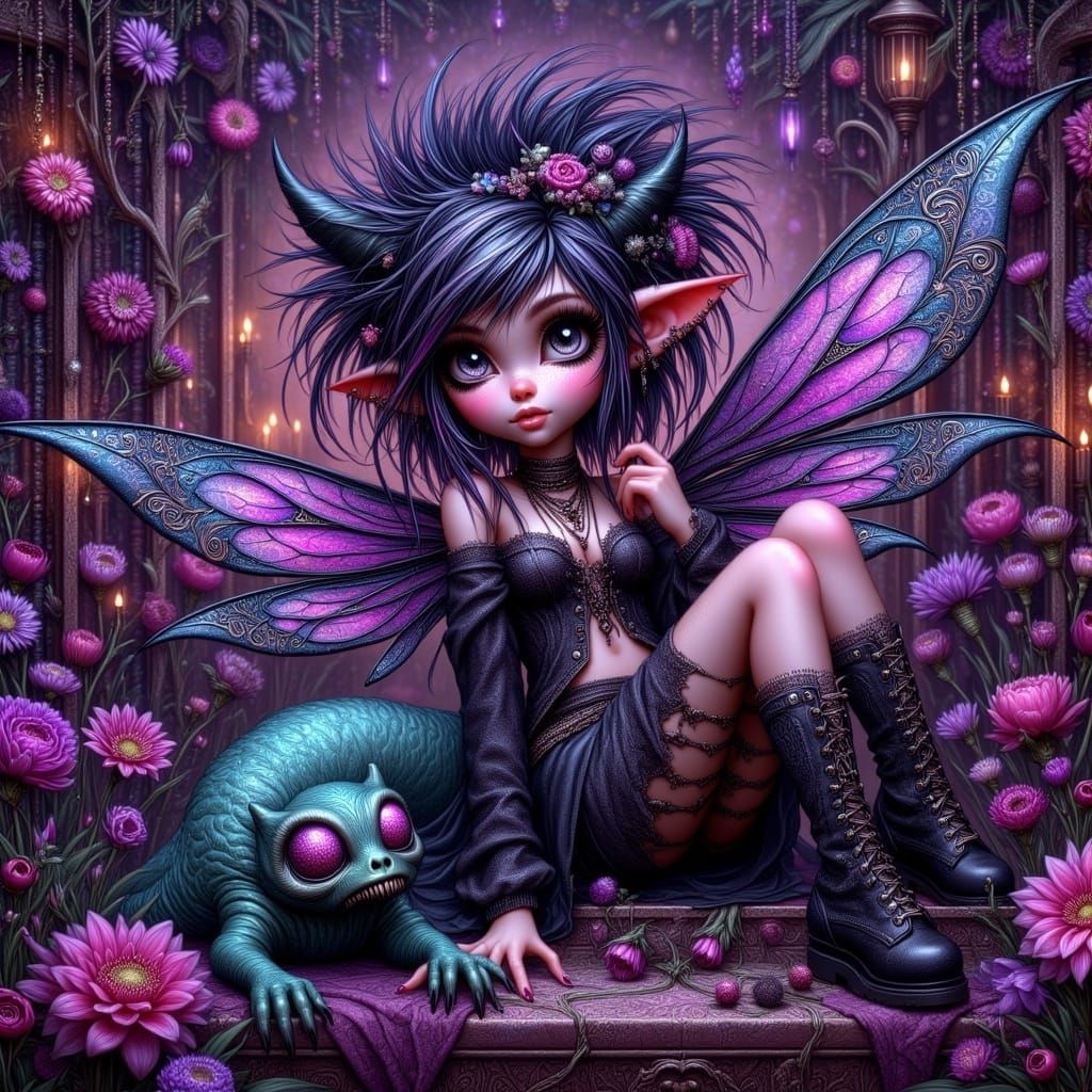 Whimsical Punk Goth Pixie in a Dark, Mystical Garden