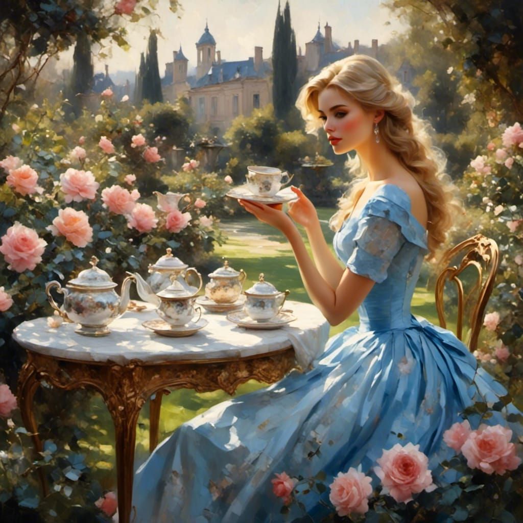 Beautiful Blond Woman in Rose Garden