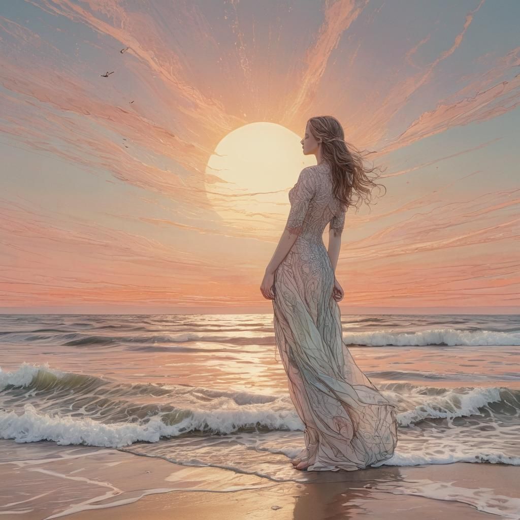 Dreamy Maiden at Sunset: Surreal Pen and Ink Art