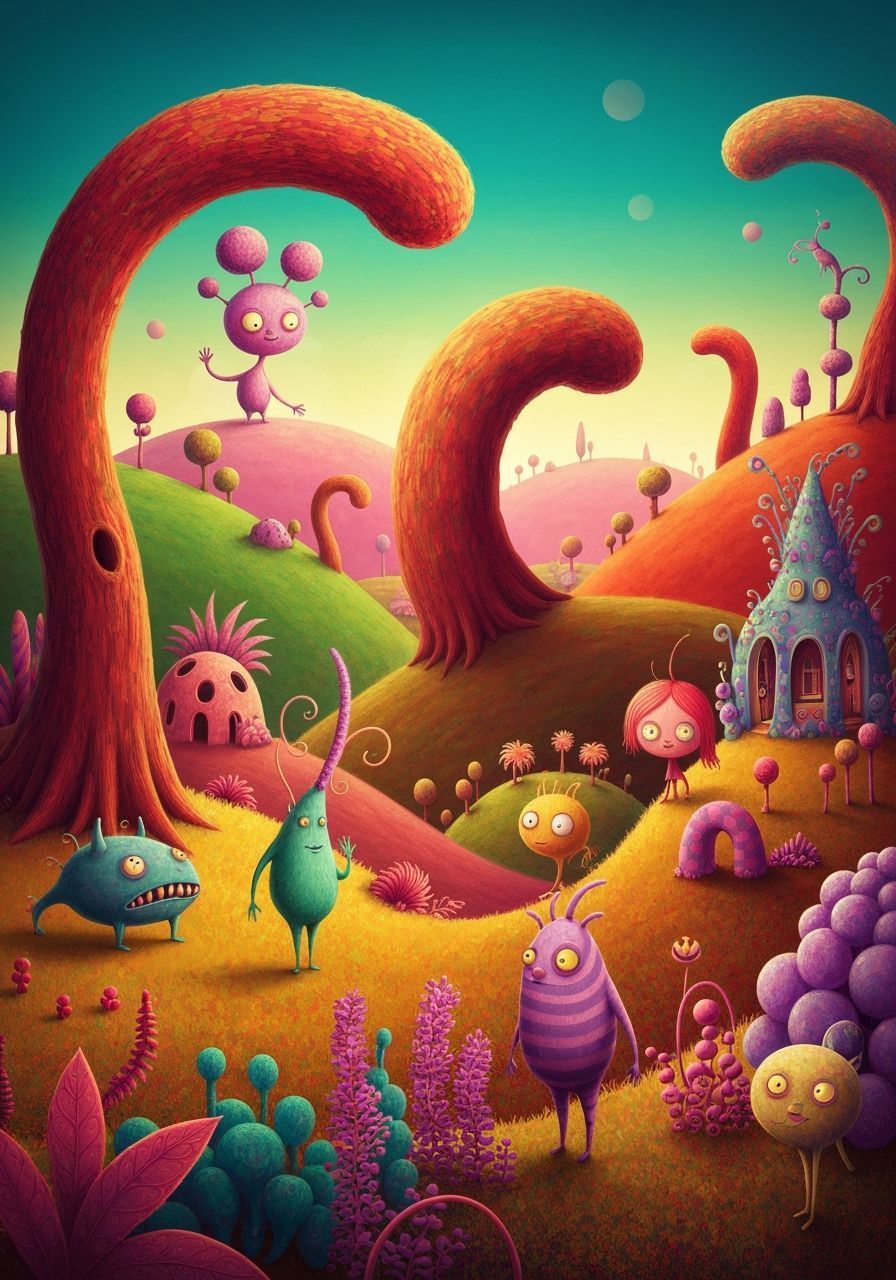 Whimsical Characters in a Vibrant, Surreal Landscape