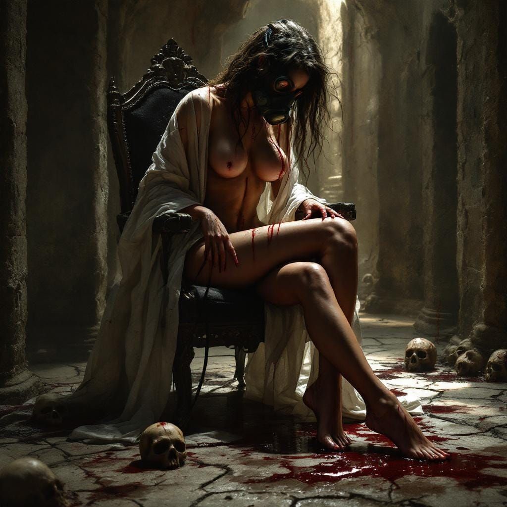 Menacing Woman in Dungeon with Gas Mask