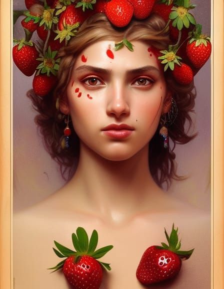 Strawberry Goddess Portrait in Art Nouveau Style