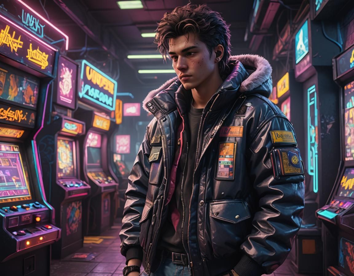 80s Teen in Cyberpunk Arcade: 3D Game Cinematic
