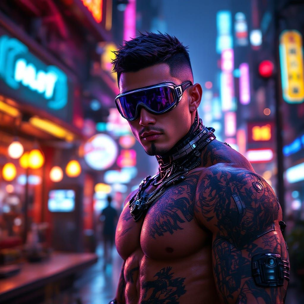 Cyberpunk Warrior in Neon Cityscape