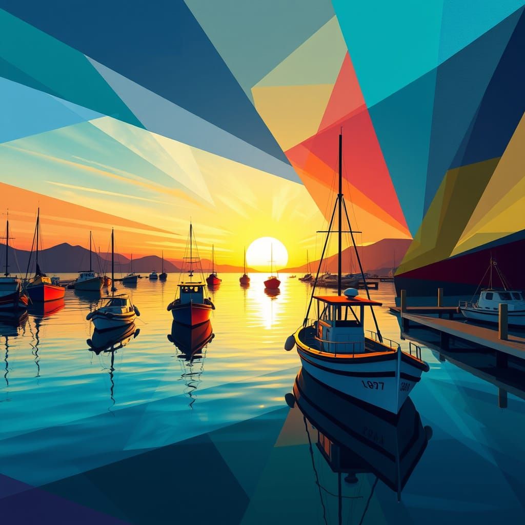 Neo-Cubist Harbor Scene at Sunrise