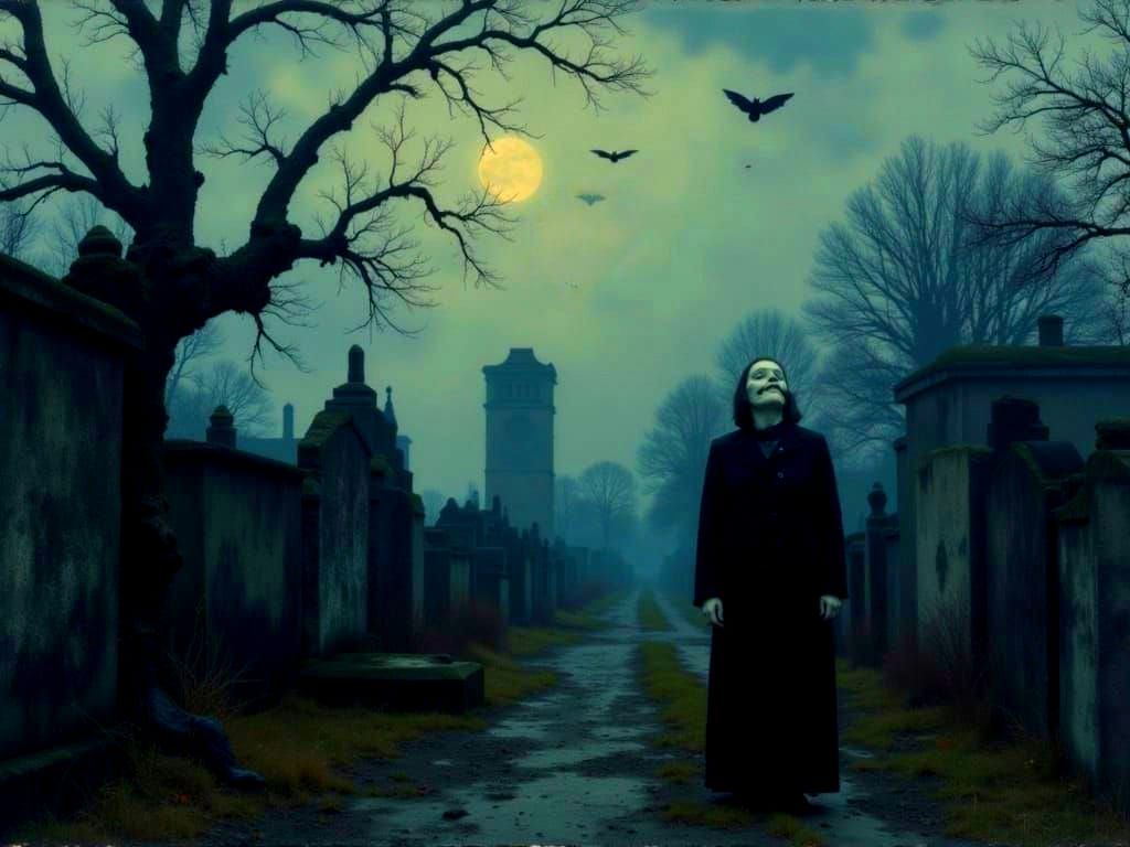 Frankenstein in Moonlit Cemetery with Ghouls and Bats