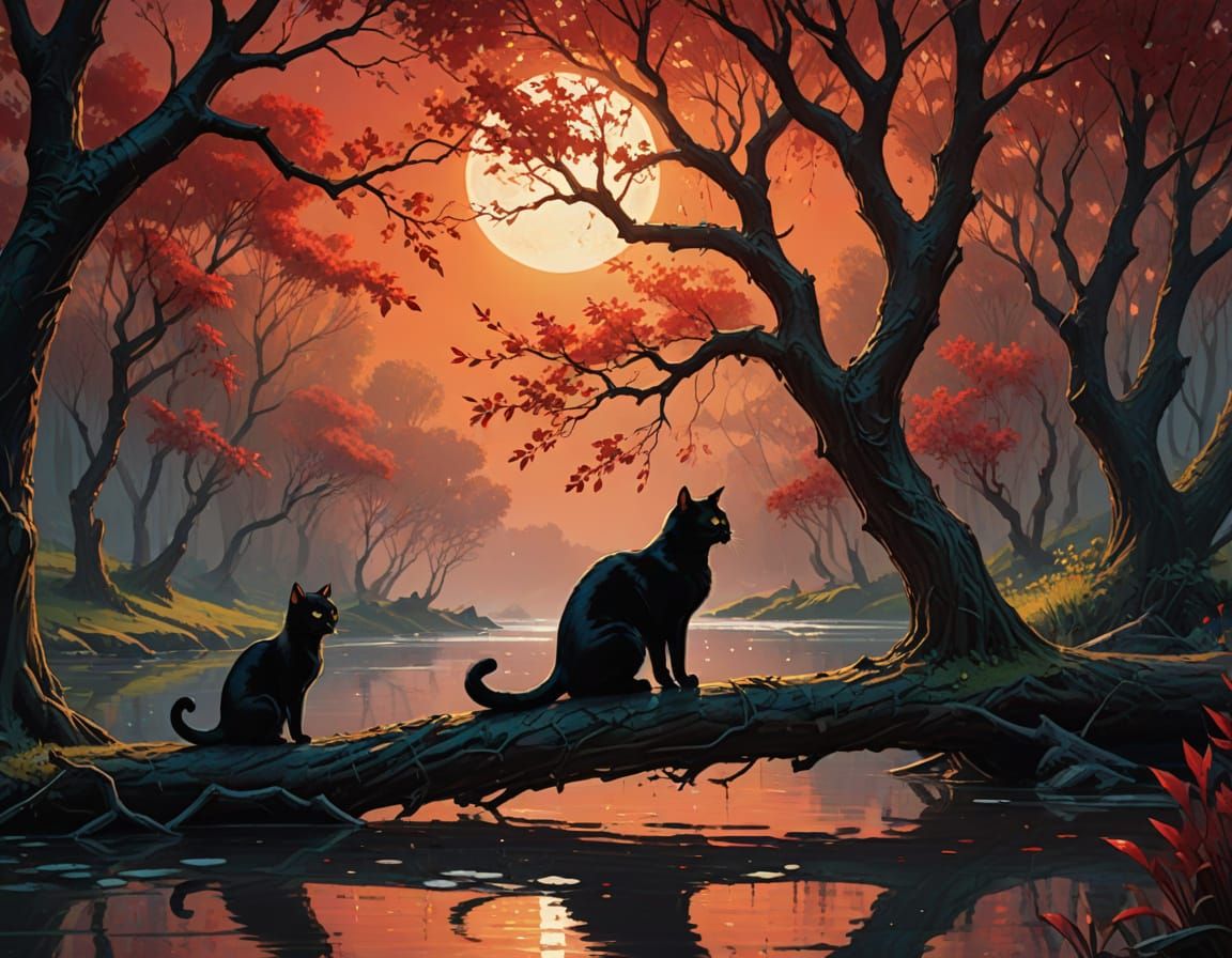 Mystical Black Cat by Red River Under Moonlight