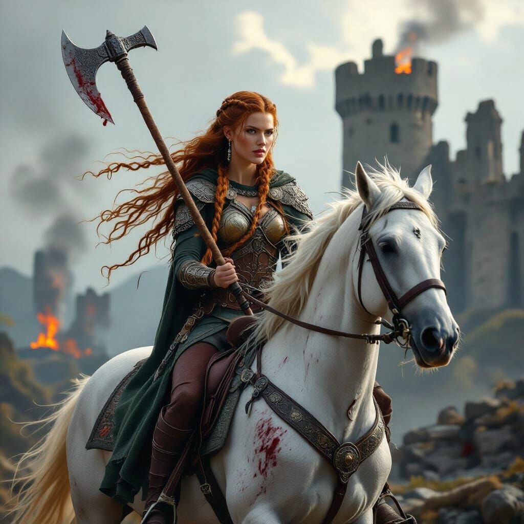 Celtic Warrior Woman Victorious on Rearing Stallion