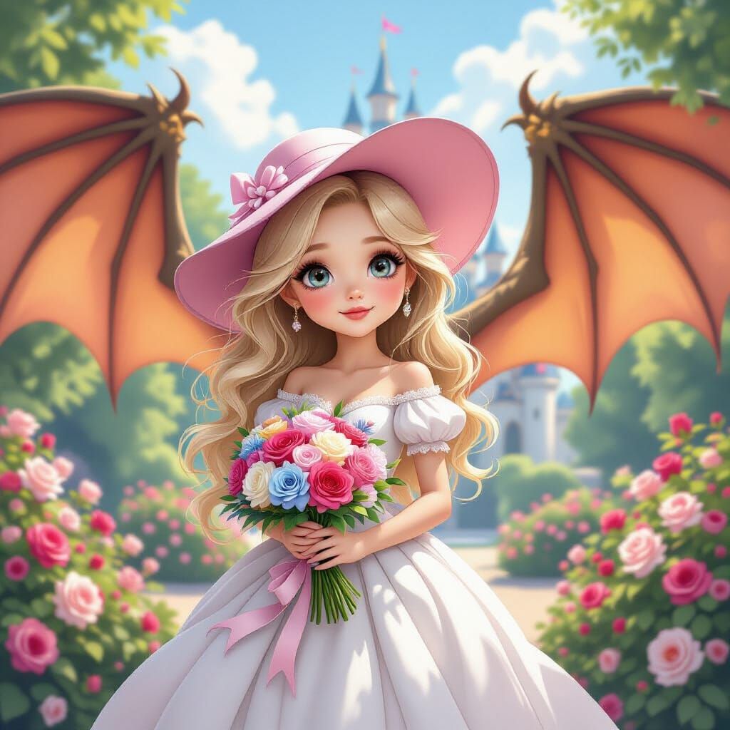 Cute Princess With Dragon Wings In Rose Garden