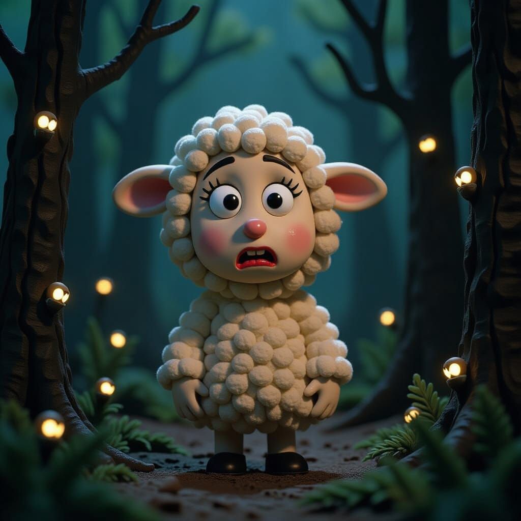 Anxious Lamb in Dark Forest, Claymation Style