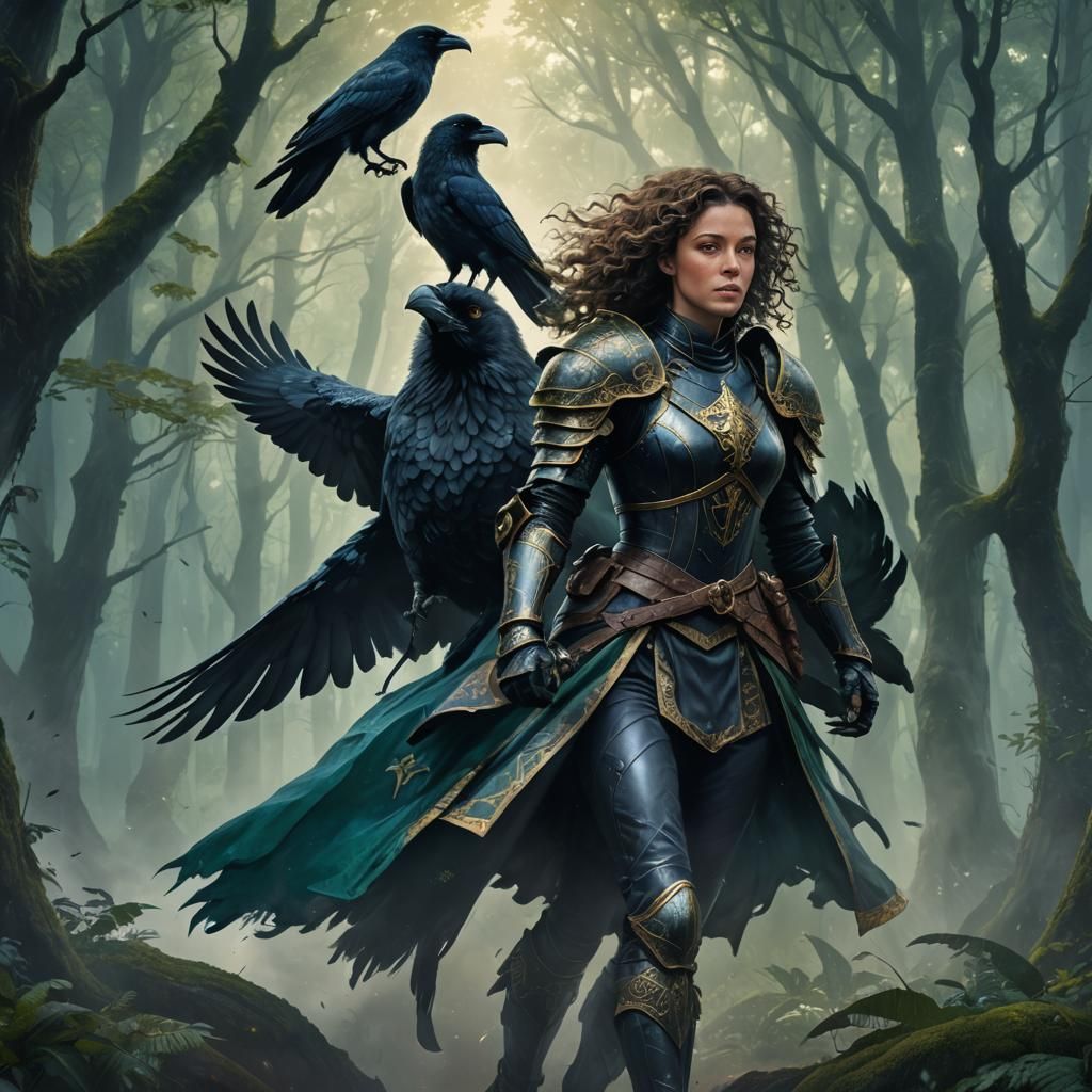 Woman Rides Giant Crow in Mystical Forest