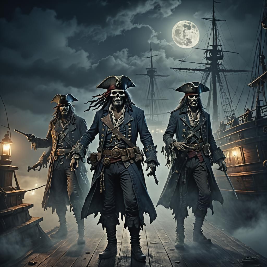 Ghost Pirates on a Ship Deck at Night