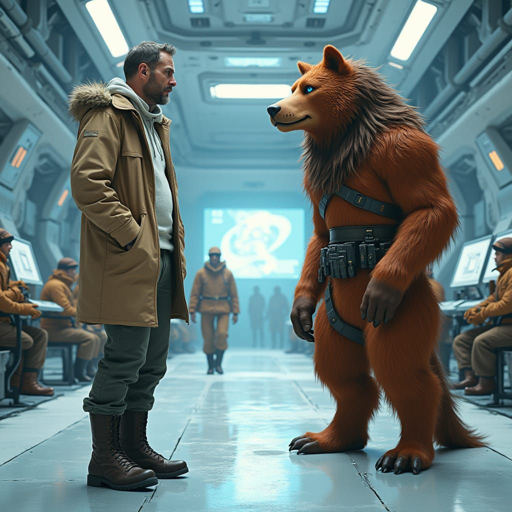 Futuristic Realism: Man Conversing with Humanoid