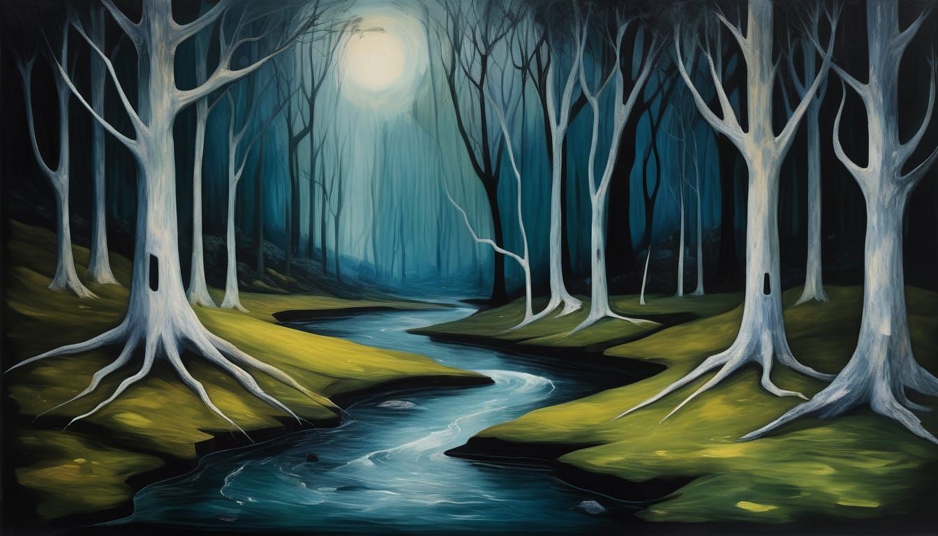 Vibrant Stream Amidst a Dark Forest, Expressive Brushstrokes...