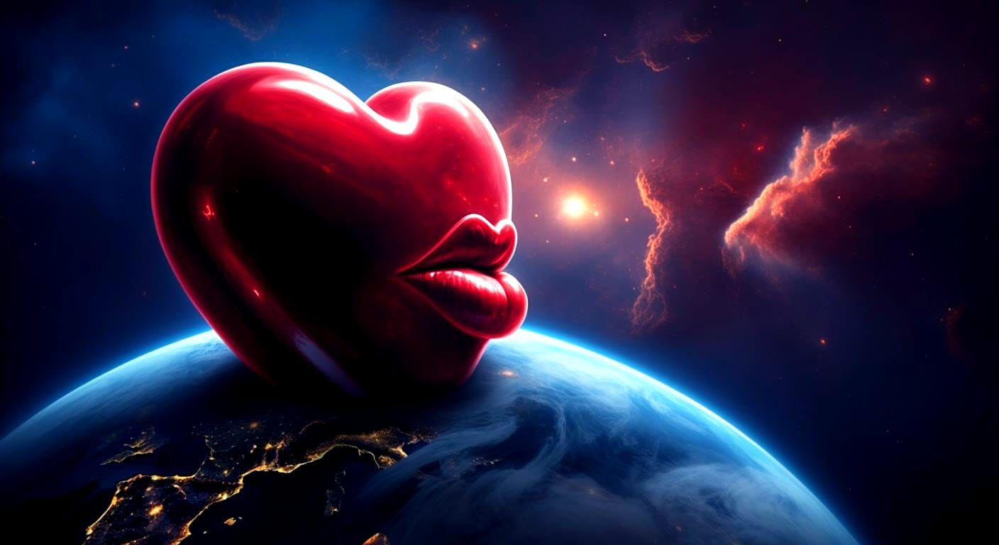 Giant Red Candy Heart Kisses the Planet in a Surreal Ooze