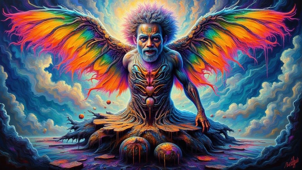 Surreal Man Portrait with Rainbow and Fractal Elements