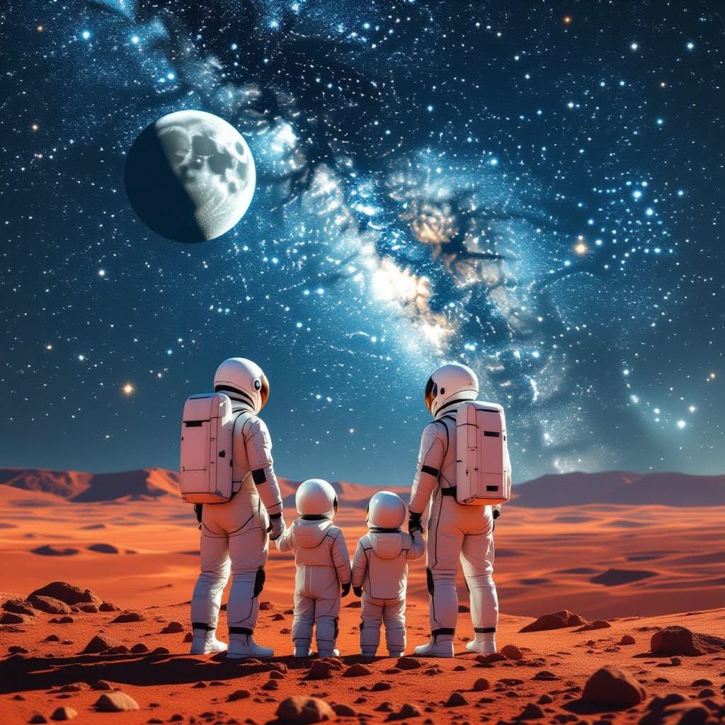 Family Gazes at Starry Martian Night Sky with Two Moons