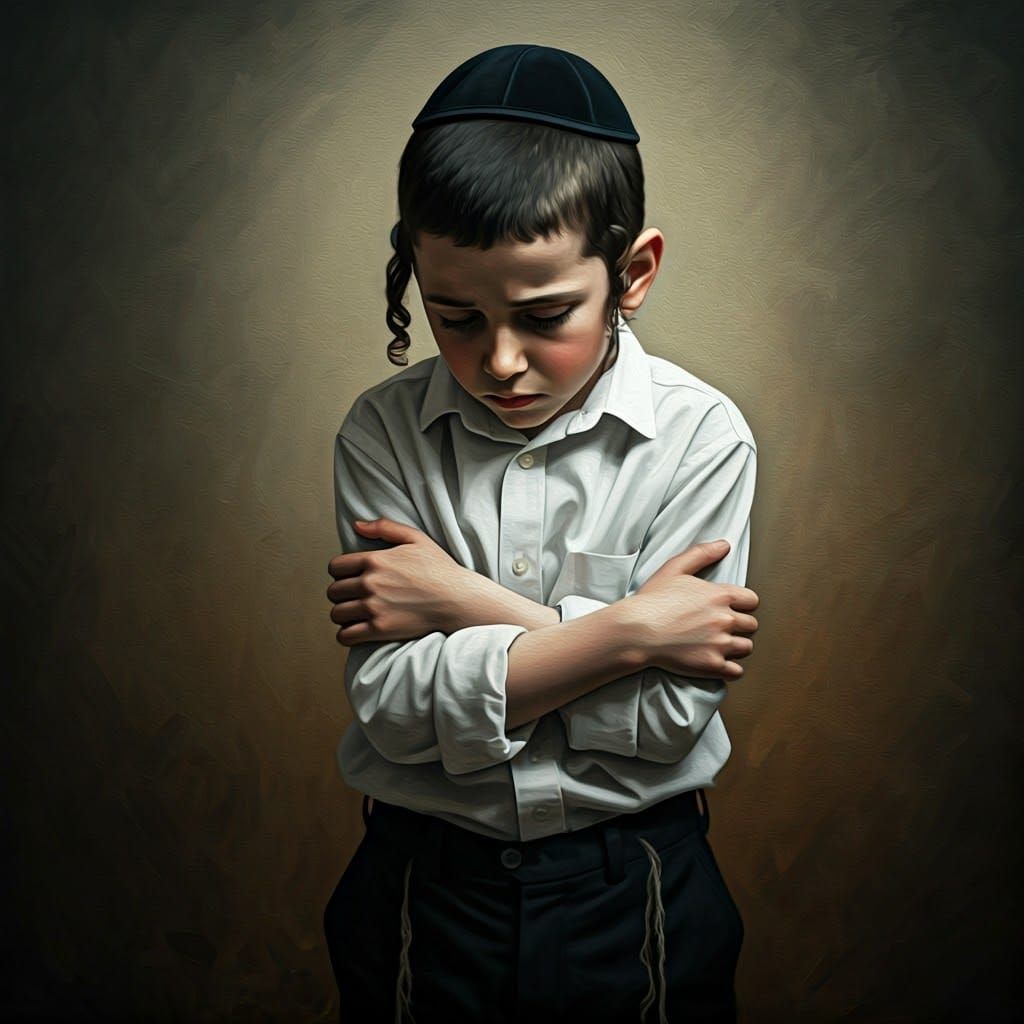 Pensive Ultra-Orthodox Boy in Somber, Expressive Art