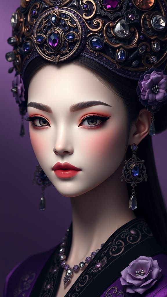 Elegant Woman with Gemstone Headdress in Anime Style