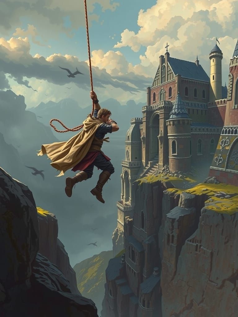 Adventurer Swings to Cliff Fortress in Fantasy Realism