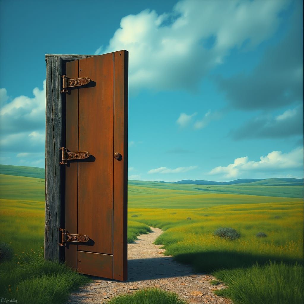 Surreal Doorway in Serene Landscape