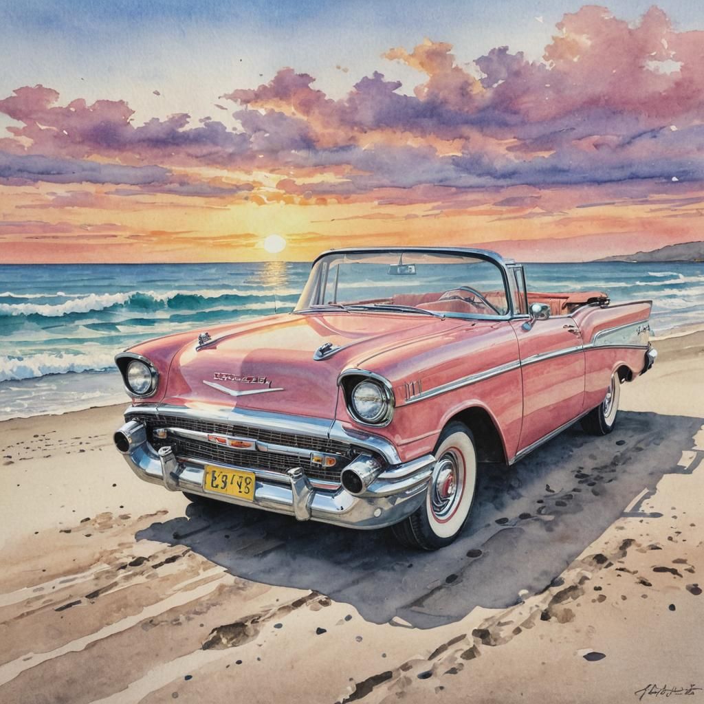 1957 Belair Convertible at Sunset: Watercolor Painting