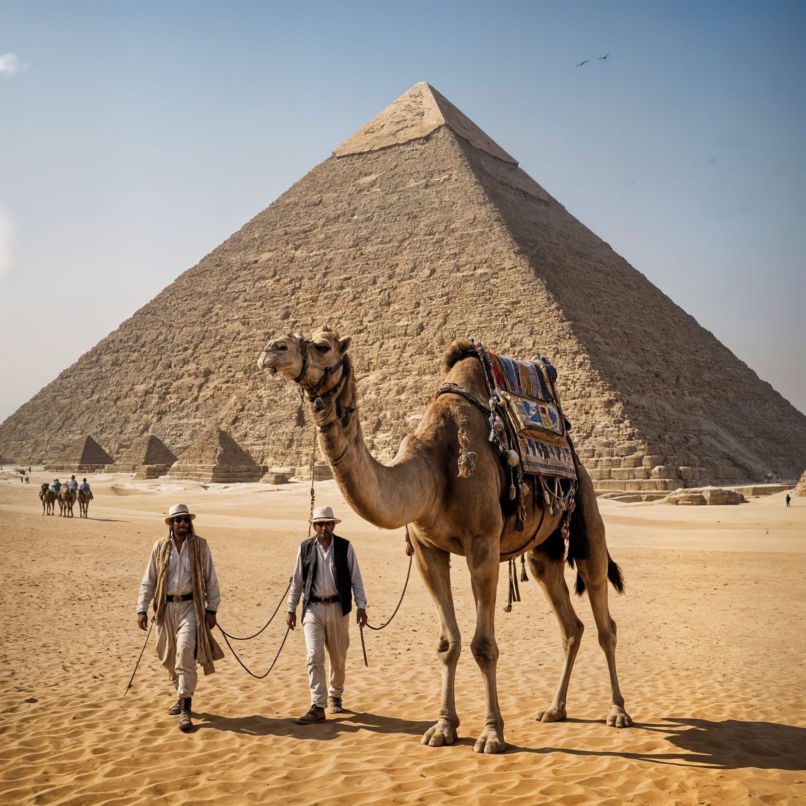 Camels and Man Walking Before Golden Giza Pyramid