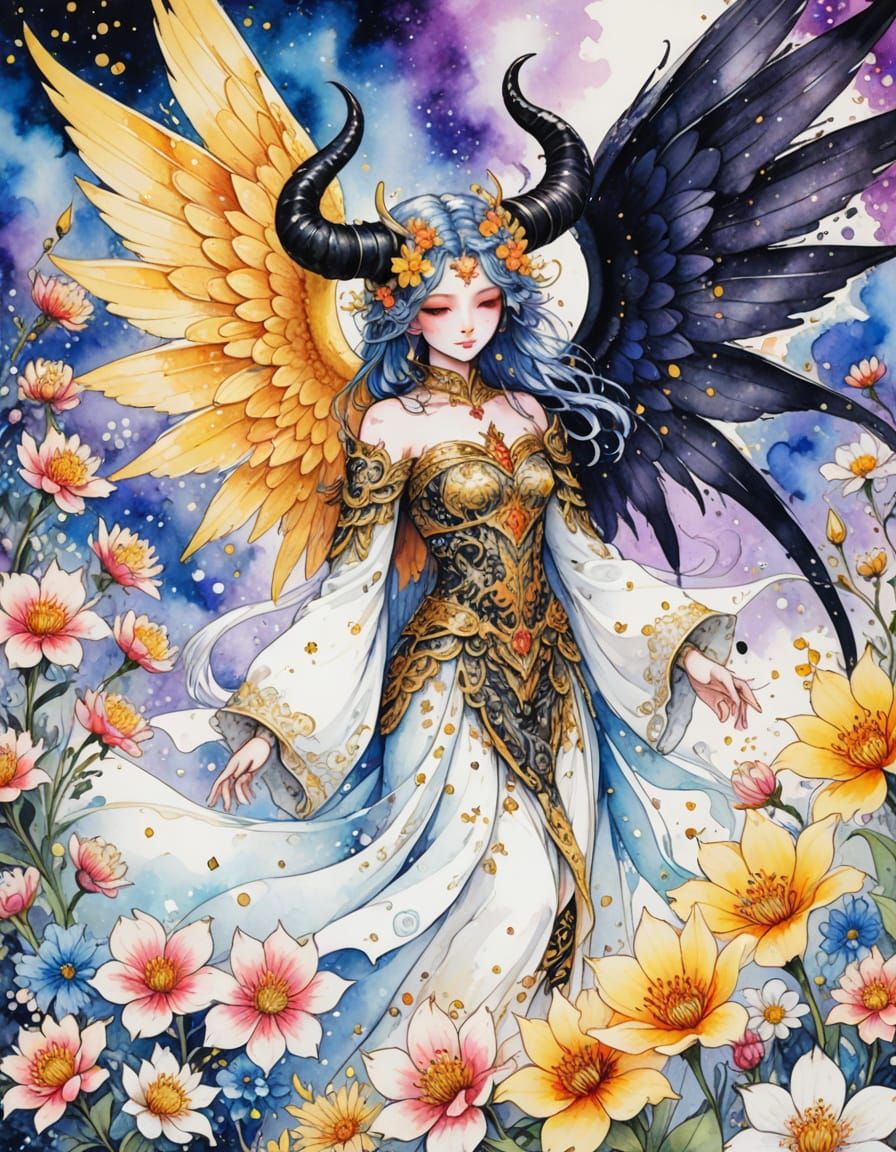 Fantasy Manga Character with Wings and Horns