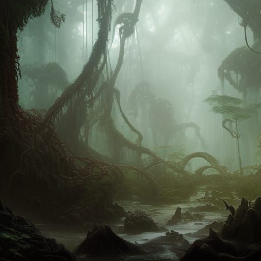 Lovecraftian Rainforest on the Coast: Dark Fantasy Art