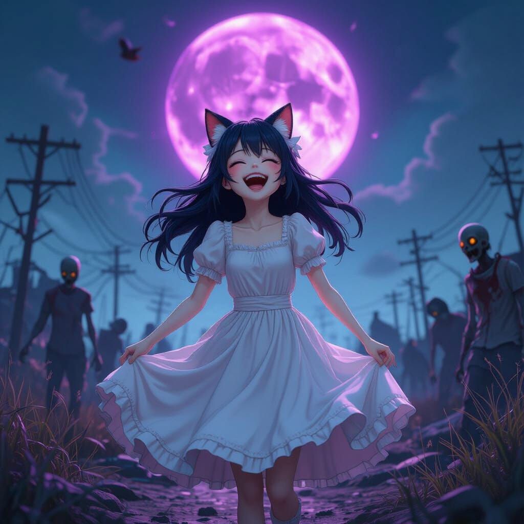Cheshire Cat Girl Laughs in Zombie Apocalypse Under LED Moon