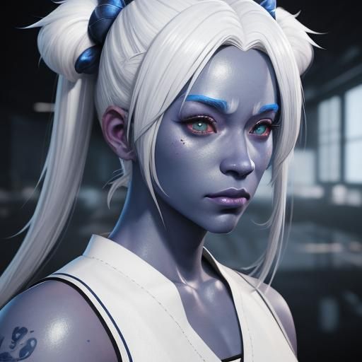 Anime-Style 3D Character with Blue Skin