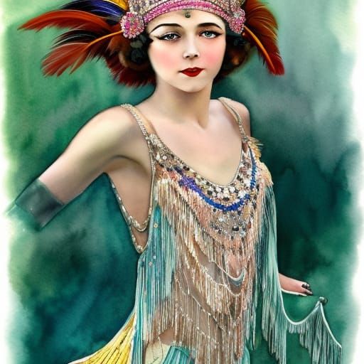 Flapper Girl in 1930s Style Watercolor Painting