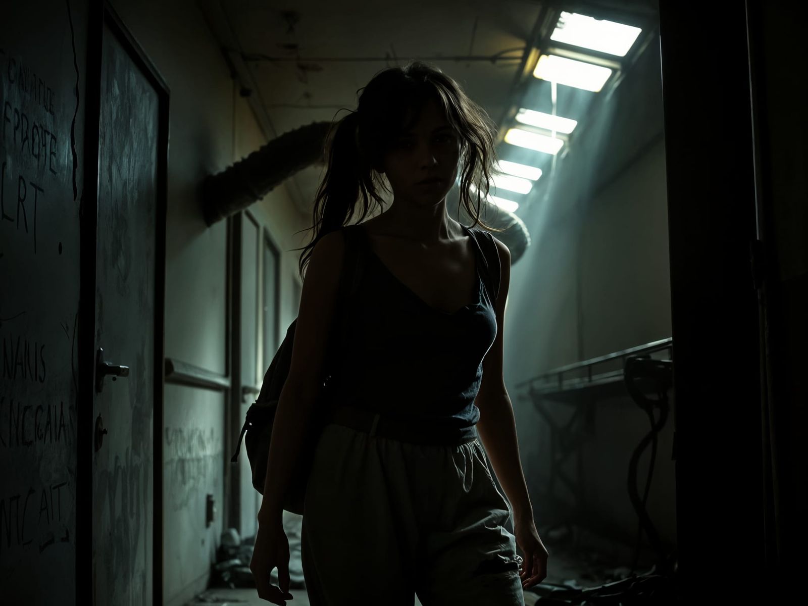 Tense Horror Scene: Woman Escapes Monster in Dystopian Hospi...