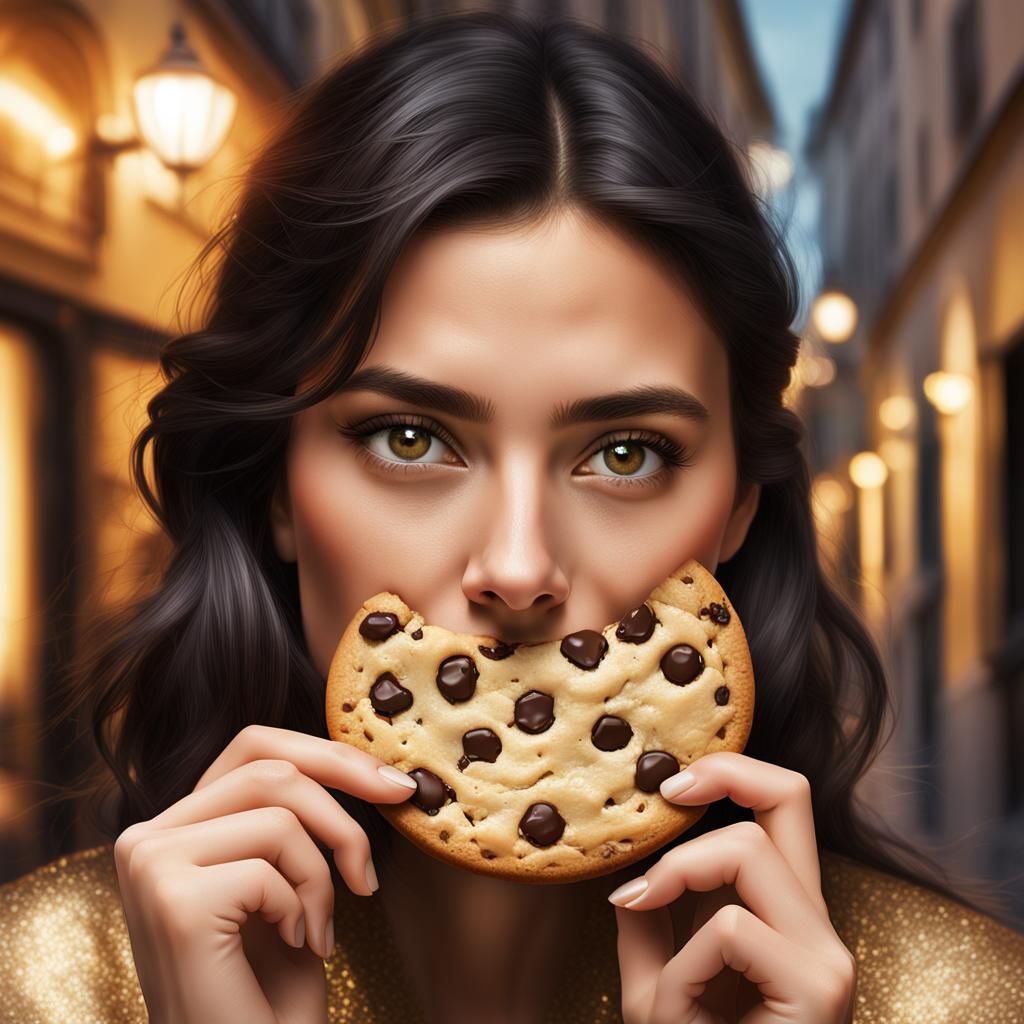 Italian Girl Enjoys Cookie, Hyperrealistic Digital Portrait