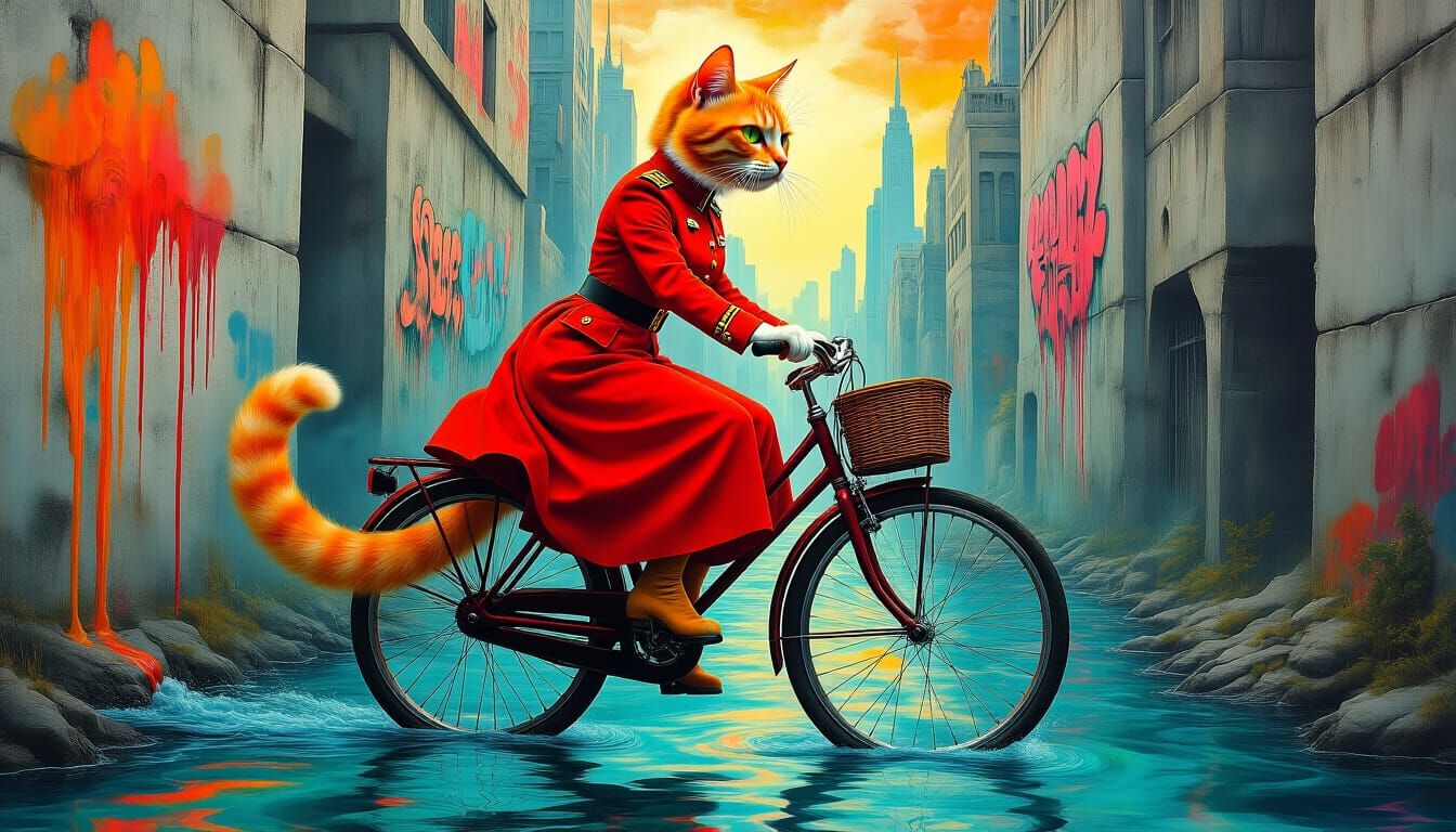 Psychedelic Cat Officer Rides Bicycle in Surreal Cityscape