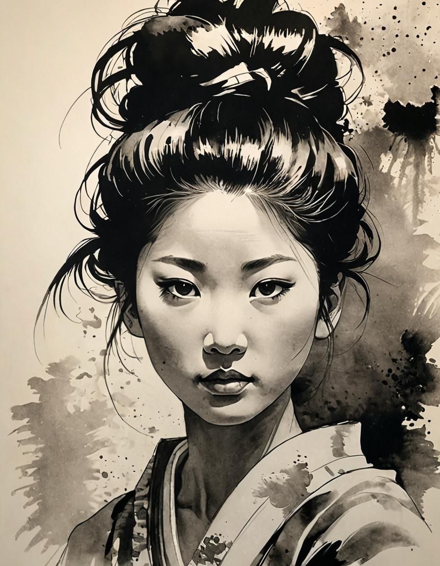 Serene Asian Woman Portrait in Sumi-e Ink Style